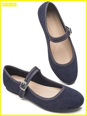 Women Mary Jane Flats with Strap Faux Suede Dressy Comfortable Memory Foam Shoes